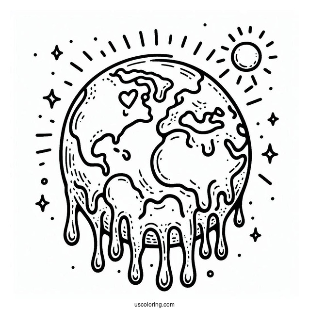 Earth Melting From Rising Temperature Coloring Page For Kids