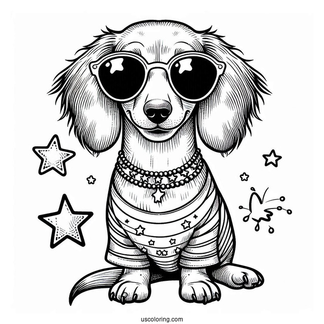Dachshund Coloring Page Wearing Star Sunglasses And Shirt