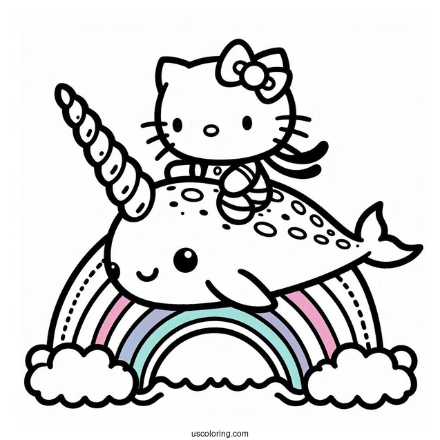 Hello Kitty Riding A Narwhal Coloring Page Over The Rainbow