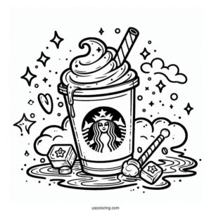 Cartoon Starbucks Coloring Page Cup With Drink Spilling Over For Kids