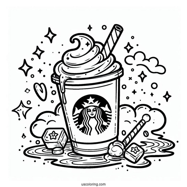 Cartoon Starbucks Coloring Page Cup With Drink Spilling Over For Kids