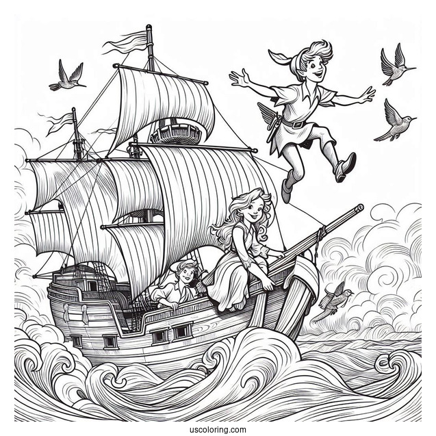 Peter Pan And Wendy Flying Over Captain Hook_s Ship Coloring Page