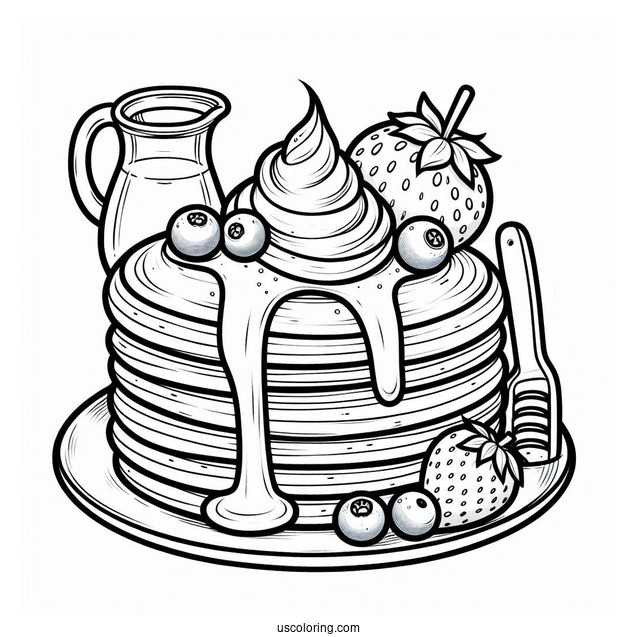 Fluffy Pancake Coloring Page With Strawberry, Blueberry, And Syrup For Kids