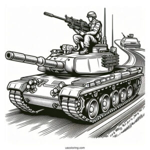Military Tank on the Road With Gunner On Top