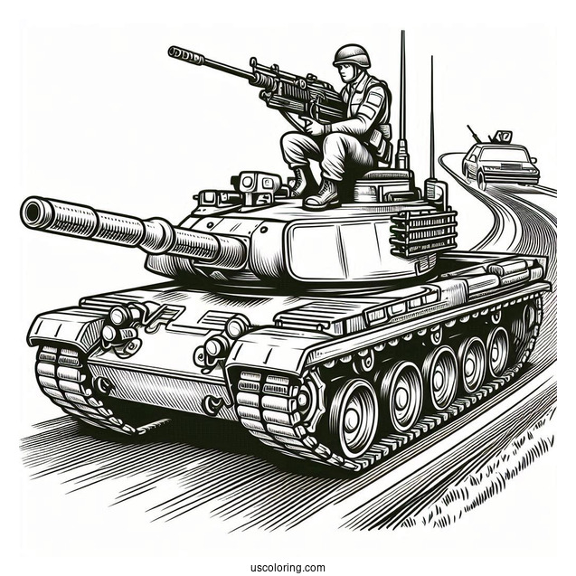 Military Tank on the Road With Gunner On Top