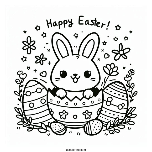 Happy Easter Bunny Popping Out Of Egg Coloring Page
