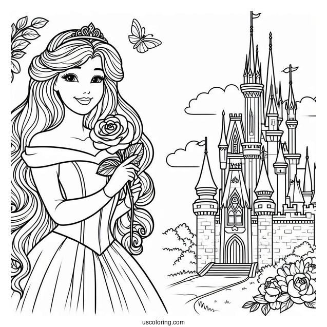 Princess Coloring Page Of Aurora Holding Rose Outside Castle