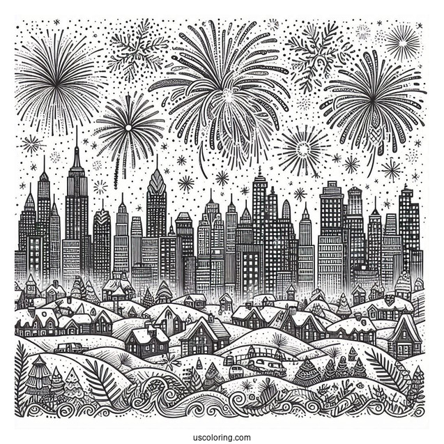 New Year Coloring Page Of Fireworks Over The City