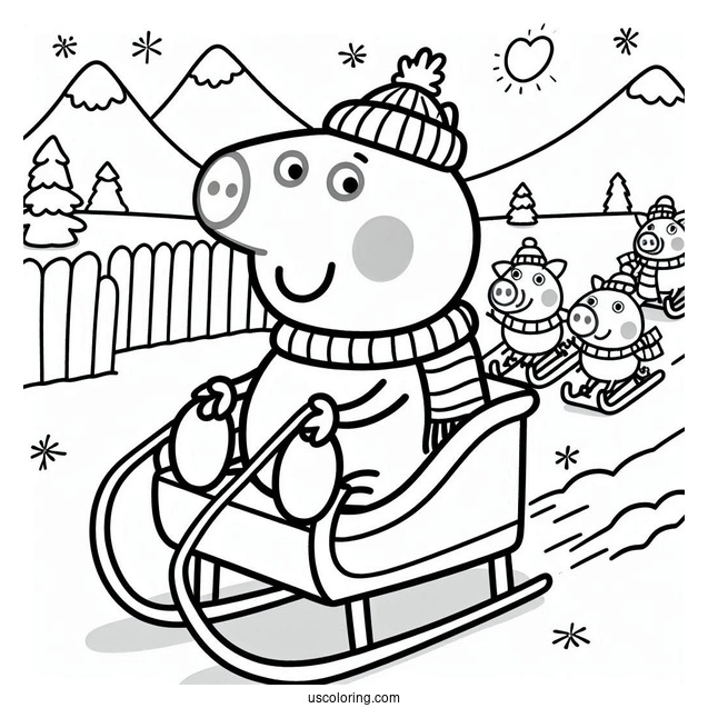 George Pig Riding Sleigh In Winter To Color