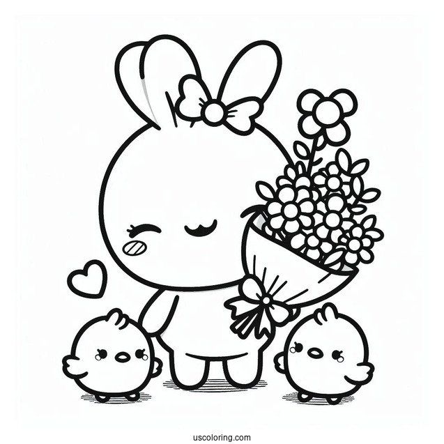 Easy Pochacco Coloring Page Holding Flower Bouquet With Choppy And Chicks