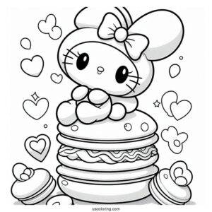 My Melody Coloring Page Sitting On Top Of Macaron