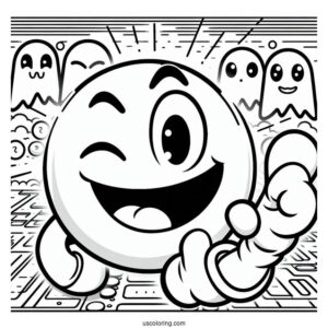 Victorious Pac-Man Coloring Page Winking With Ghosts In Background