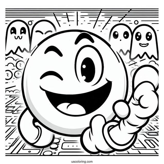 Victorious Pac-Man Coloring Page Winking With Ghosts In Background
