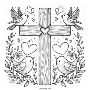 Wooden Easter Cross With Love Heart And Birds