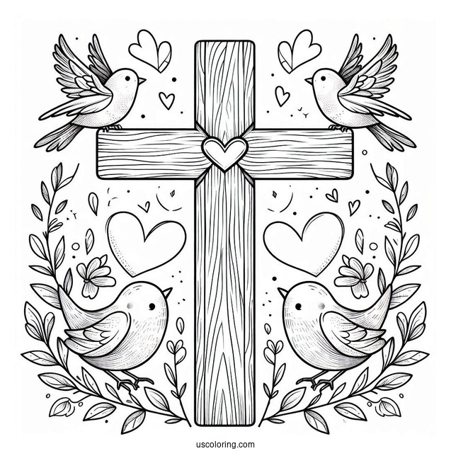 Wooden Easter Cross With Love Heart And Birds