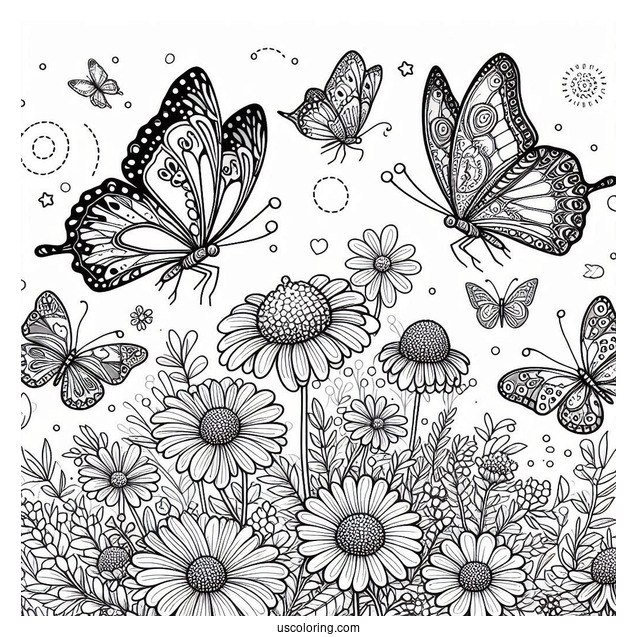 Several Butterflies Enjoying A Flower Field Coloring Page