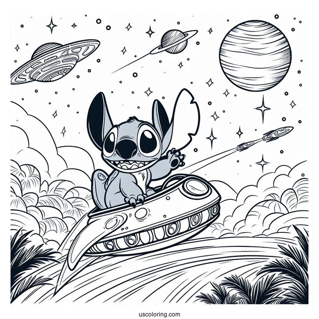 Lilo & Stitch Coloring Page Of Alien Spaceship In Outer Space