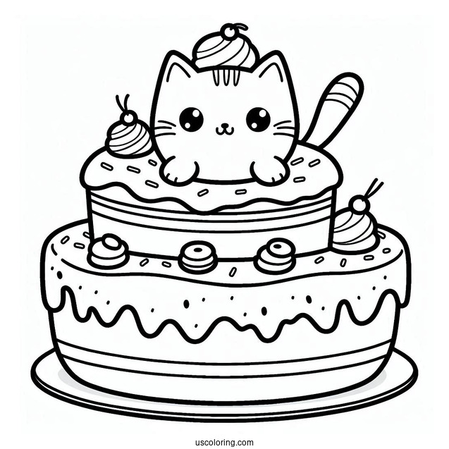 Cute Two-Layered Donut Cake With Cat Topper Coloring In
