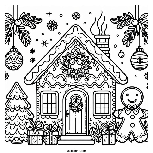 Easy Gingerbread House Christmas Ornaments Coloring Page For Kids