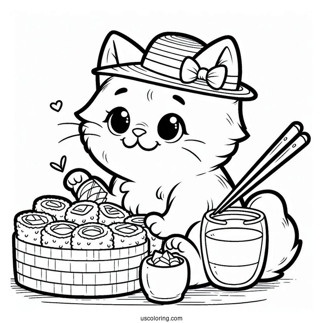 Cat Wearing A Hat While Eating Sushi Coloring Pages