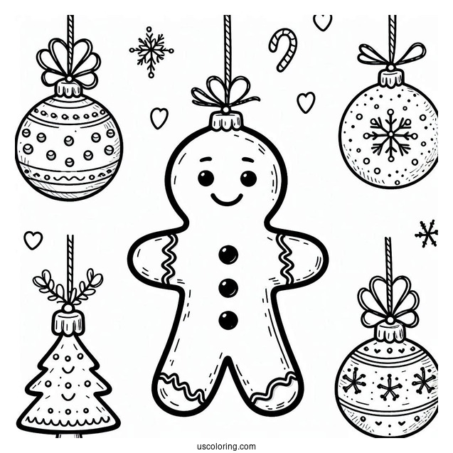 Smiling Gingerbread Man Christmas Ornaments Coloring Page