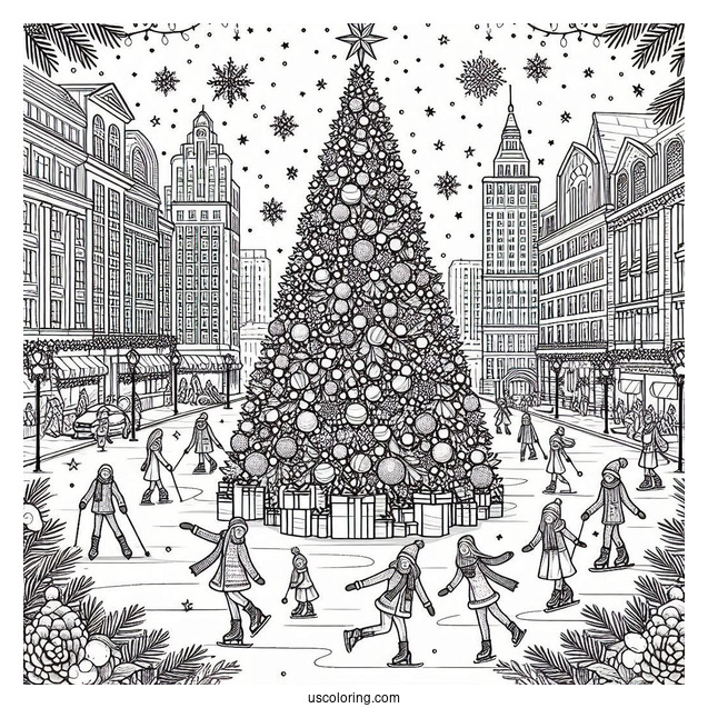 Christmas Coloring Pages For Adults Of Giant Christmas Tree In The City With Ice Skaters