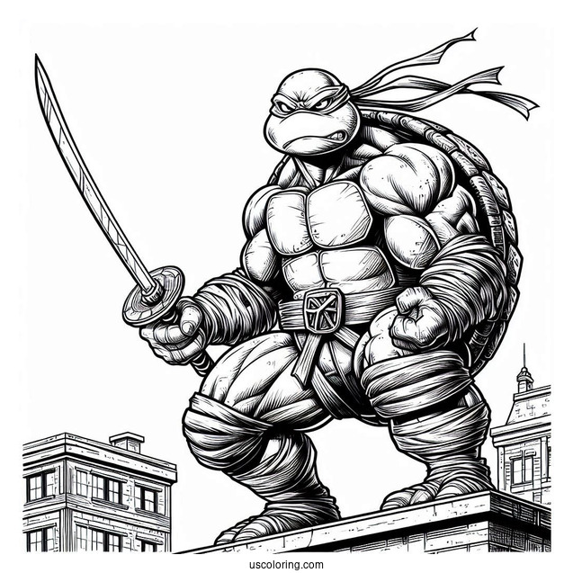 Ninja Turtles Coloring Page Of Angry Raphael Holding Sword On Rooftop