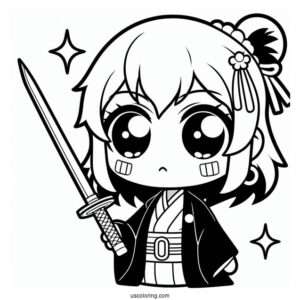 Kawaii Tanjiro Coloring Page Using Nichirin Sword For Kids