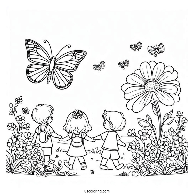 A Butterfly Hovering Over A Field Of Flowers With Two Children