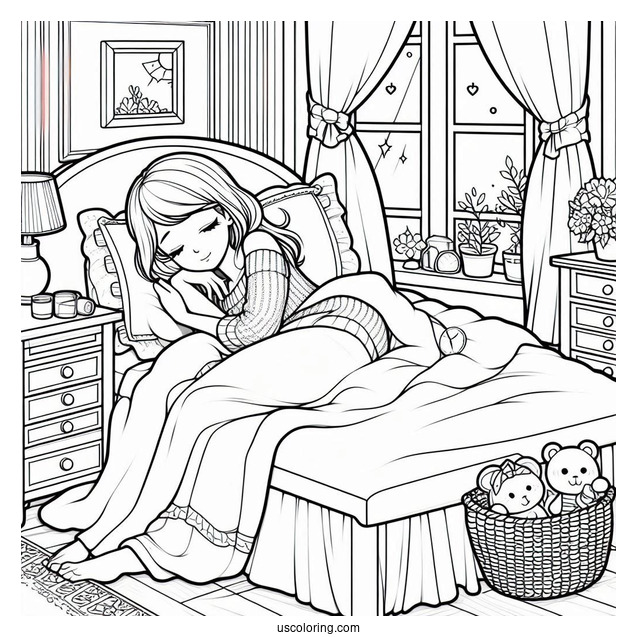 Woman Sleeping In Her Cozy Bedroom Coloring Page For Kids
