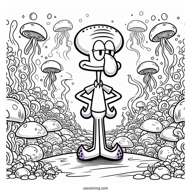 Squidward Coloring Page With Arms On Waist In Front Of Jelly Fields