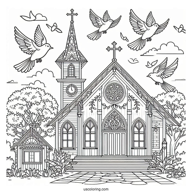 Traditional Church Coloring Page Outline With Birds And Trees