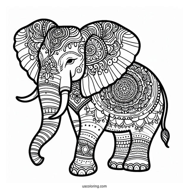 Detailed Mandala Elephant To Color With Tusks