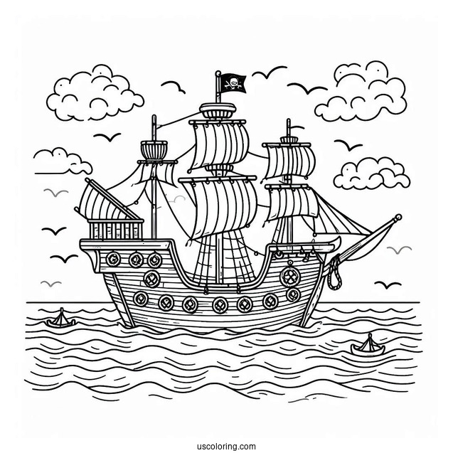 Pirate Ship Coloring Page On A Calm Sea For Kids