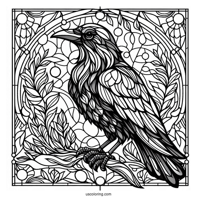 Raven Coloring Page With Stained Glass In The Background