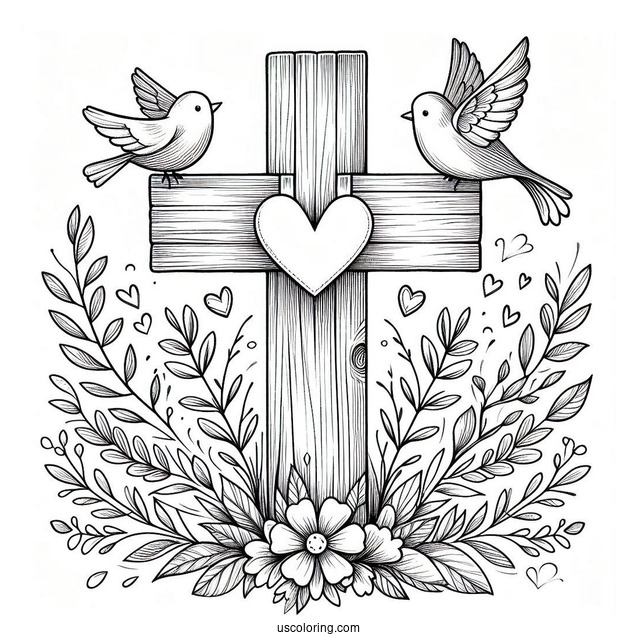 Wooden Easter Cross With Love Heart And Birds