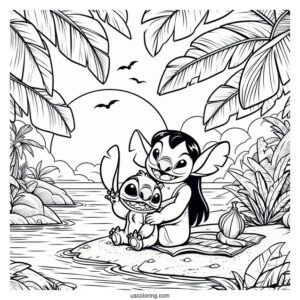 Coloring Page Of Lilo And Stitch With Banana Leaves