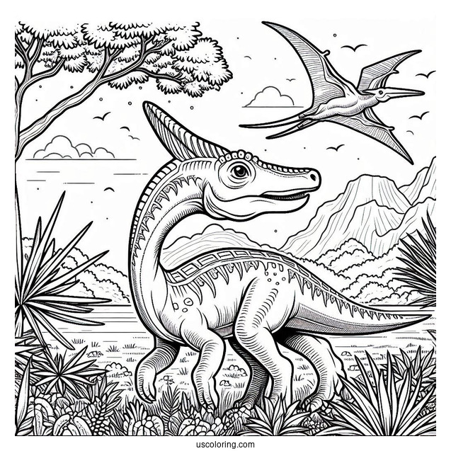Parasaurolophus Coloring Page With Pterodactyl In The Background