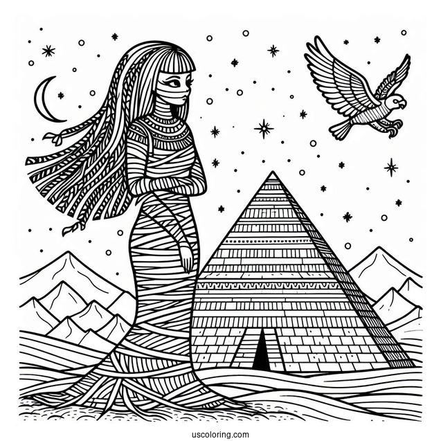 Egyptian Mummy Outside The Pyramid Coloring Sheet