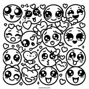 Emoji Coloring Page Of Kawaii Full Page Emoji Montage Of Feelings And Hearts