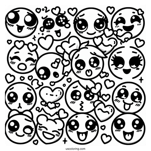 Emoji Coloring Page Of Kawaii Full Page Emoji Montage Of Feelings And Hearts