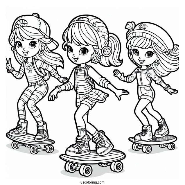 Polly Pocket Coloring Page Skateboarding With Nikolas, Lila, And Shani