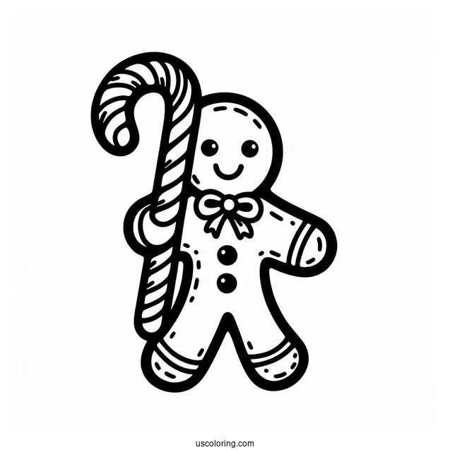 Gingerbread Man Holding Candy Cane Coloring Page