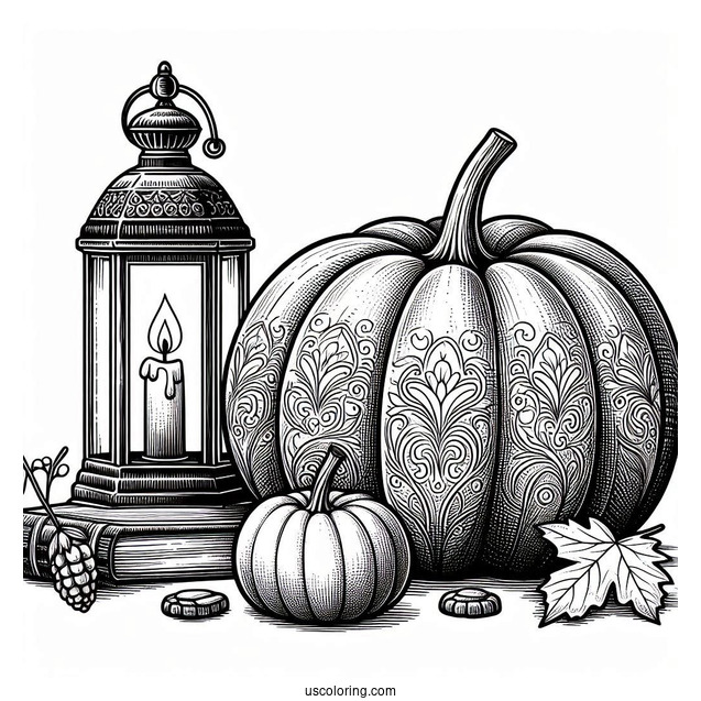 Pumpkin Coloring Page Beside A Vintage Lamp