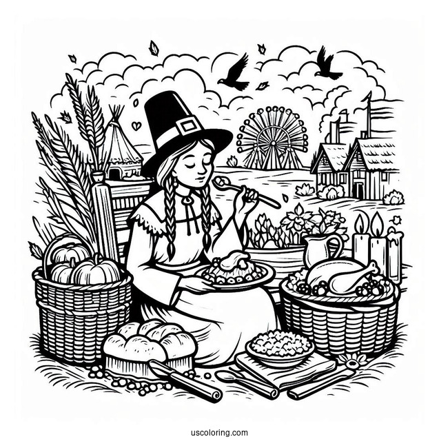 Pilgrim Coloring Page Eating Thanksgiving Feast With Native Americans