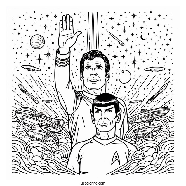 Star Trek Coloring Page Of Simple Outline Of Admiral Kirk And Spock Looking Up