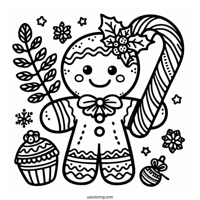 Gingerbread Man Holding Candy Cane Coloring Page