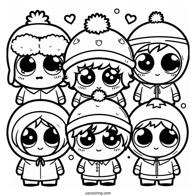 South Park Coloring Page Of Kawaii Kenny, Kyle, Eric, And Stan For Kids