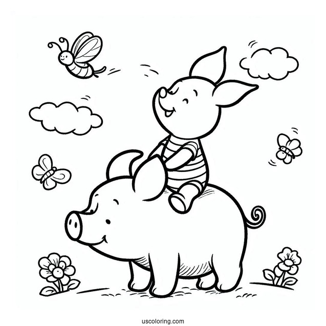 Piglet Coloring Page Riding On Winnie The Pooh's Back