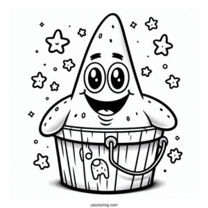 Smiling Patrick Star Coloring Page In Front Of Chum Bucket